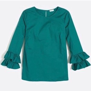NWT J. CREW emerald green double flutter bell sleeve blouse size 2 new with tags